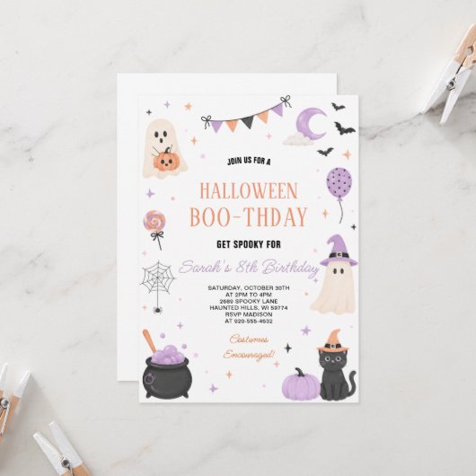 パステル ハロウィン ゴースト パーティー 誕生日 招待状 (正面/裏面インサイチュ)