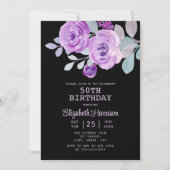パステル パープル ローズ フラワーブラック 50歳の誕生日 招待状 (正面)