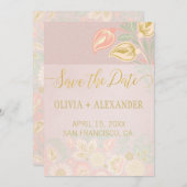 パステル ピンクの桃色のゴールド フローラル スプリング ブラッシュ ウェディング セーブザデート (正面/裏面)