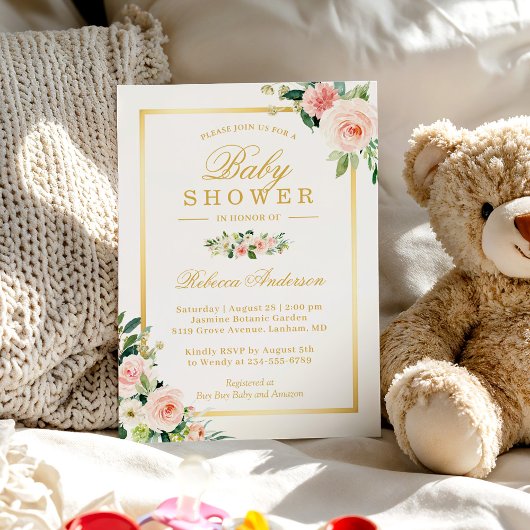 パステル ピンクの花とゴールドの女の子のベビーシャワー 招待状