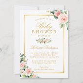 パステル ピンクの花とゴールドの女の子のベビーシャワー 招待状 (正面)