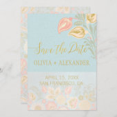 パステル ピンク ゴールド フローラル 春 ライトブルー ウェディング セーブザデート (正面/裏面)