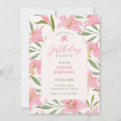 パステル フラワーブーム リリーピンク 緑の誕生日 招待状 (正面)