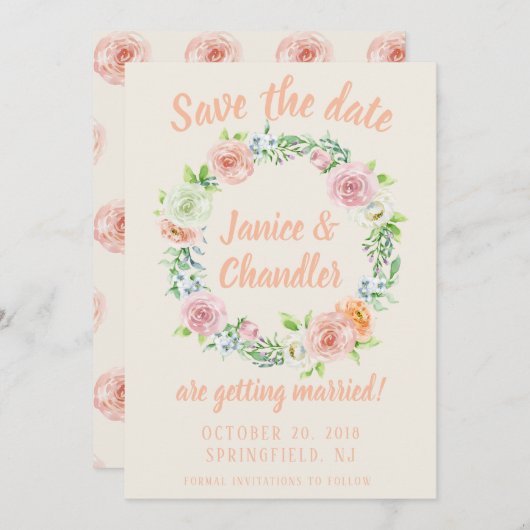 パステル フラワー リース Save the Date 招待状 (正面/裏面)
