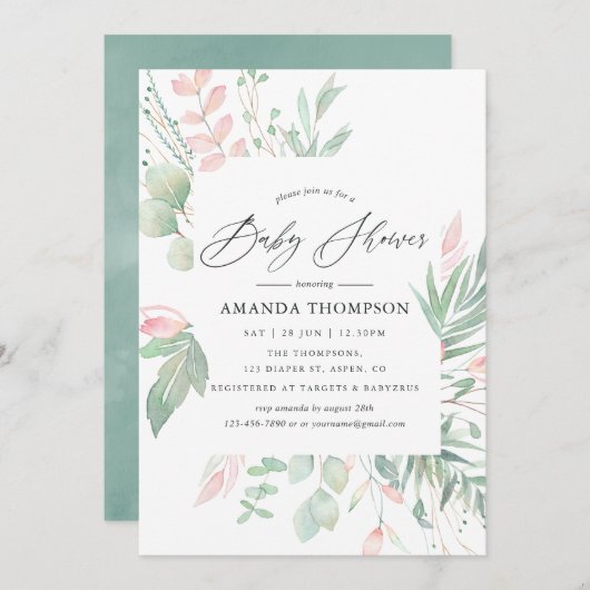 パステル ブッシュ 緑の赤ちゃんのシャワー 招待状 (正面/裏面)