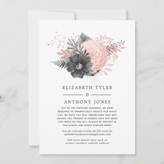 パステル ブラッシュ ピンクとチャコール 縮小されたゲストリスト 案内状 (正面)