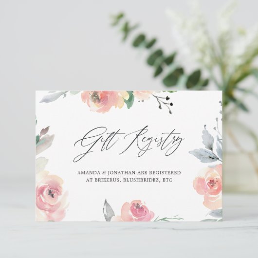 パステル ブラッシュ ピンク ウェディング シャワー ギフト レジストリー エンクロージャーカード (スタンド正面)