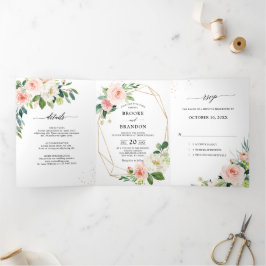 パステル ブラッシュ プリティ ピンク フローラル ボタニカル ウェディング 三つ折り案内状