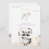 パステル ボヘミアンのラクーンと風船の誕生日 招待状 (正面/裏面)