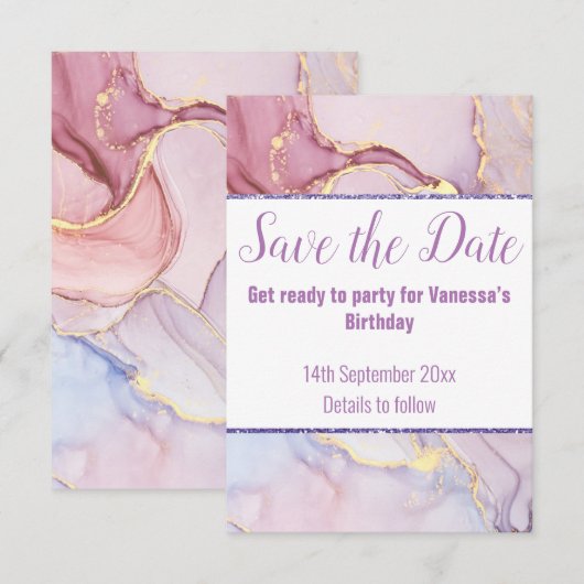 パステル マーブル グリッター セーブ・ザ・デート RSVP カード (正面/裏面)