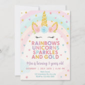 パステル ユニコーン レインボー パーティー ご招待 ユニコーン 5歳 招待状 (正面)