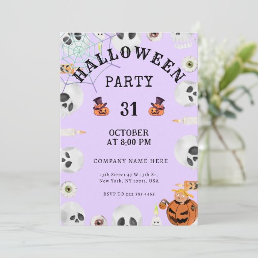 パステル ラベンダー ハロウィン ビジネス パーティ 招待状 (スタンド正面)