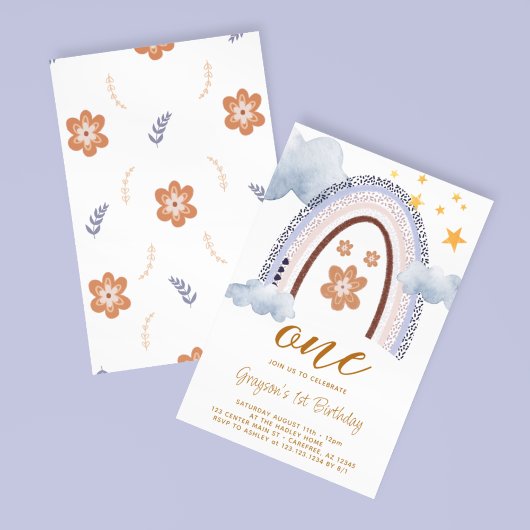 パステル レインボー デイジー 1歳の誕生日 招待状