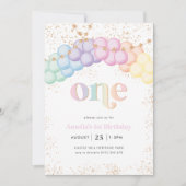 パステル レインボー バルーン アーチ 1歳の誕生日パーティー 招待状 (正面)