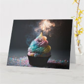 パステル レインボー ファイヤー バースデー カップケーキ カード (黄色い花)