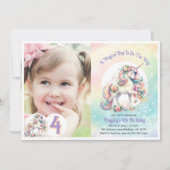 パステル レインボー ユニコーンの4歳誕生日パーティー 招待状 (正面)