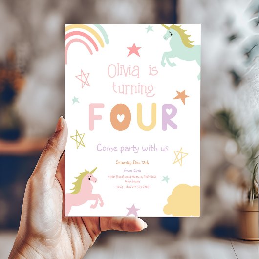 パステル レインボー ユニコーン スターズ 4歳の誕生日 招待状