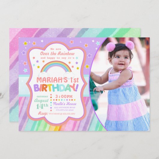 パステル レインボー 誕生日 フォト 招待 招待状 (正面/裏面)