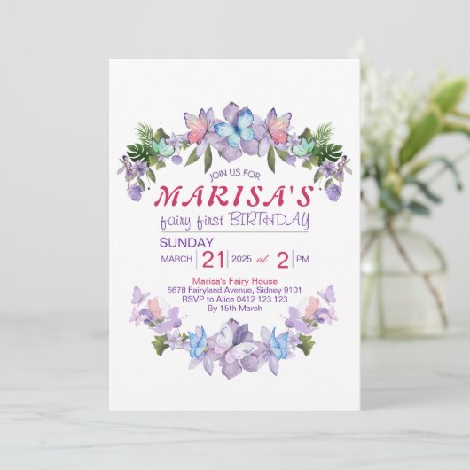 パステル ワイルドフラワー フェアリー ファースト 1歳の誕生日パーティーⅠ 招待状 (スタンド正面)
