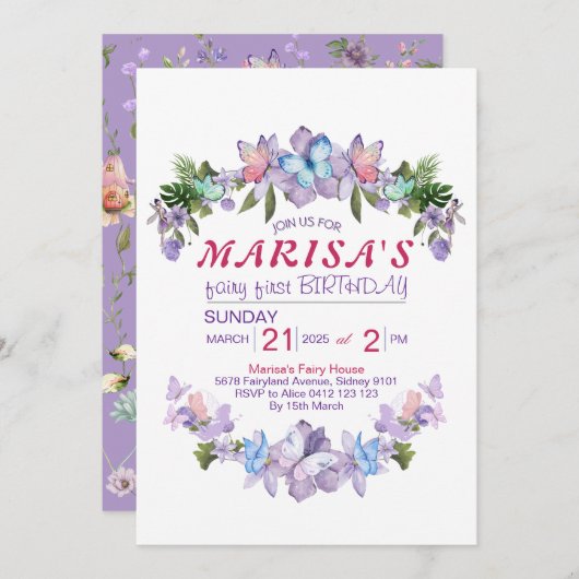 パステル ワイルドフラワー フェアリー ファースト 1歳の誕生日パーティーⅠ 招待状 (正面/裏面)
