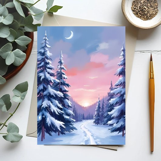 パステル 冬の夕焼け | 自然の絵画 水彩画 ポストカード