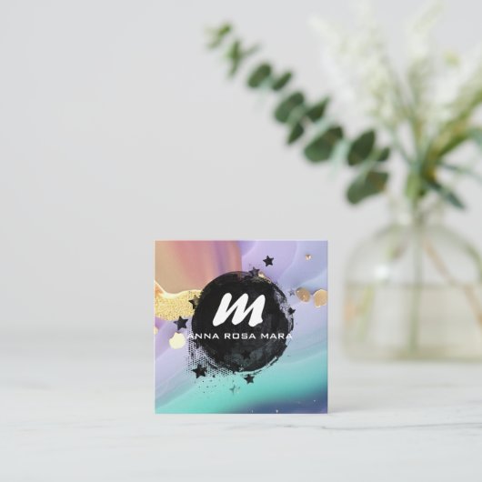 *~*パステルAP66金ゴールドグリッターQRレインボーアゲート スクエア名刺 (スタンド正面)