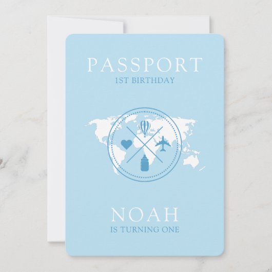 パスポートアドベンチャー始まる 青い少年1歳の誕生日 招待状 (正面)