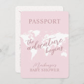 パスポートアドベンチャー旅行テーマピンクベビーシャワー 招待状 (正面/裏面)