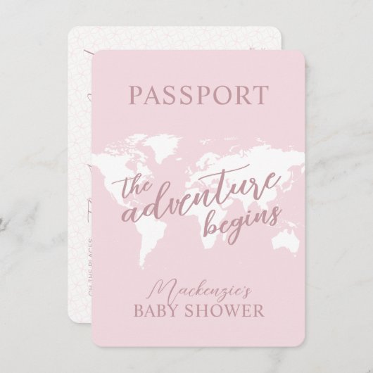 パスポートアドベンチャー旅行テーマピンクベビーシャワー 招待状 (正面/裏面)