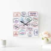 パスポートスタンプのパターンプリント スクエア壁時計 (ホーム)