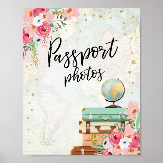 パスポート写真 テーブルサイン トラベル シャワー アドベンチャー ポスター (正面)