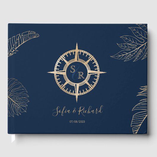 パスポート宛先ウェディングパームコンパスモノグラム ゲストブック (正面)