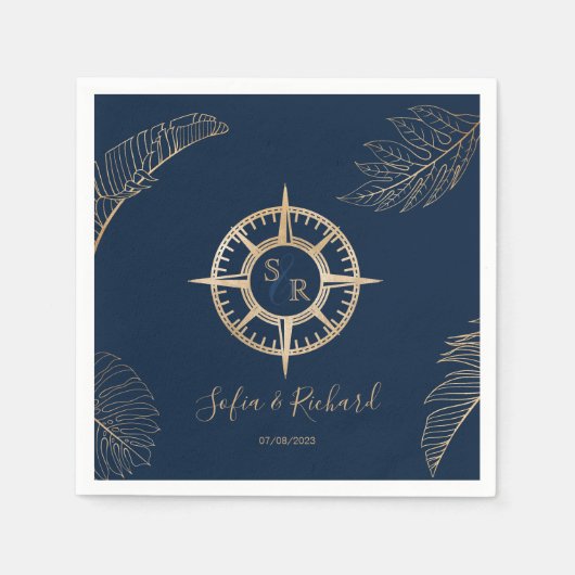 パスポート宛先ウェディングパームコンパスモノグラム スタンダードカクテルナプキン (正面)