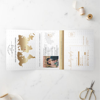 パスポート宛先ウェディングワールドマップ金ゴールド海軍 三つ折りクリスマスカード