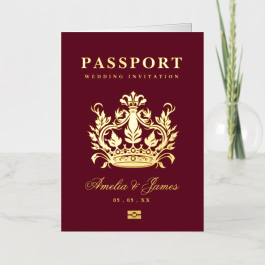 パスポート宛先ウェディング実在フォイル招待状 箔グリーティングカード (正面)