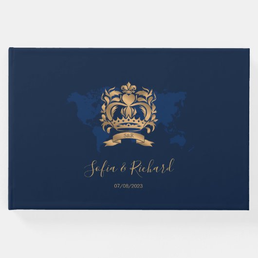 パスポート宛先ウェディング金ゴールドネイビーマップの紋章 ゲストブック (正面)