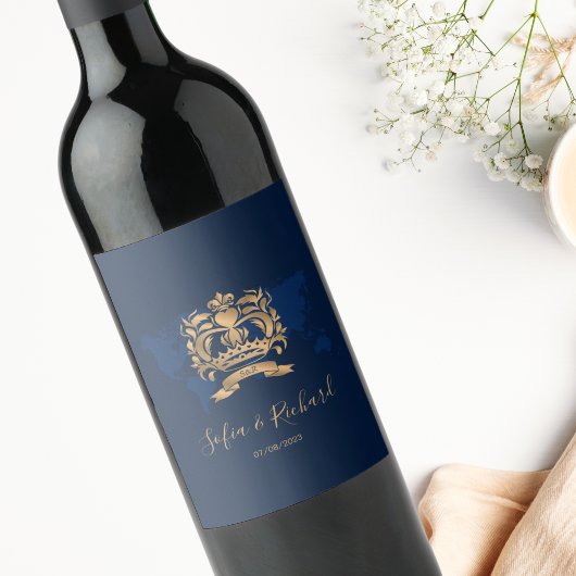 パスポート宛先ウェディング金ゴールドネイビーマップの紋章 ワインラベル