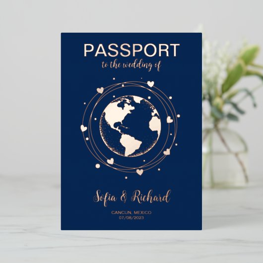 パスポート結婚の目的地ゴールドフォイル世界地図 箔招待状 (立ち正面)
