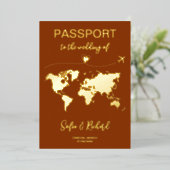 パスポート結婚の目的地ゴールドフォイル冒険 箔招待状 (立ち正面)