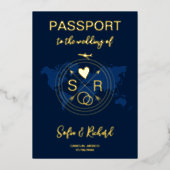 パスポート結婚の目的地ゴールドフォイル飛行機ハート 箔招待状 (正面)