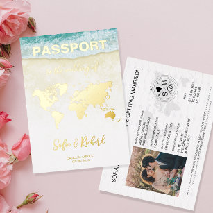 パスポート結婚の目的地ゴールドフォイル飛行機ハート 箔招待状
