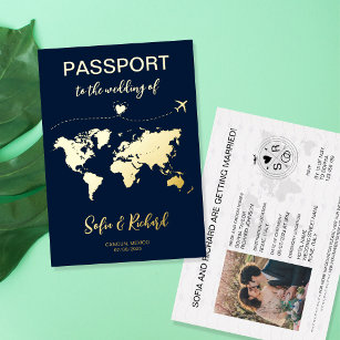 パスポート結婚の目的地ゴールドフォイル飛行機ハート 箔招待状