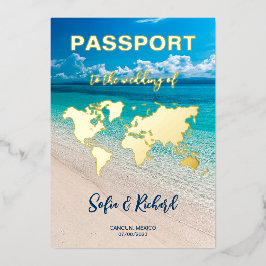 パスポート結婚の目的地ゴールドフォイル飛行機ハート 箔招待状