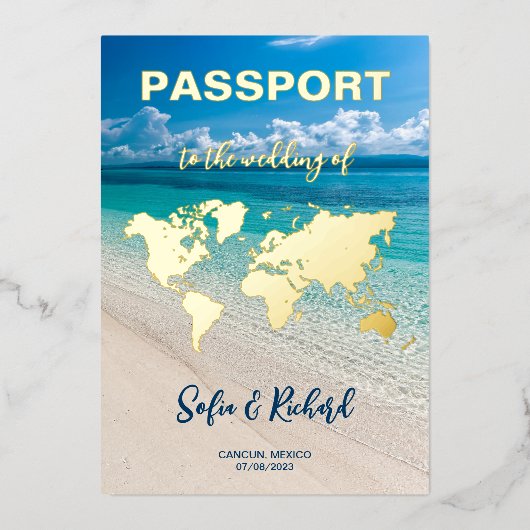 パスポート結婚の目的地ゴールドフォイル飛行機ハート 箔招待状 (正面)