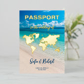 パスポート結婚の目的地ゴールドフォイル飛行機ハート 箔招待状 (立ち正面)