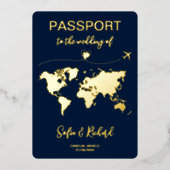 パスポート結婚の目的地ゴールドフォイル飛行機ハート 箔招待状 (正面)