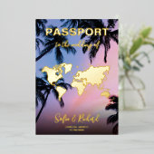 パスポート結婚の目的地ゴールドフォイル飛行機ハート 箔招待状 (立ち正面)