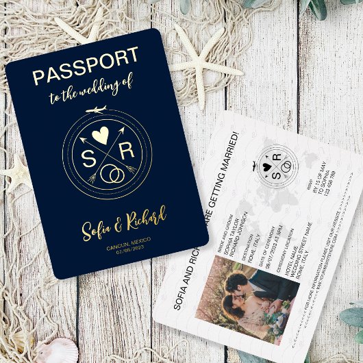 パスポート ウェディング 旅先 ゴールドフォイル モノグラム 箔招待状