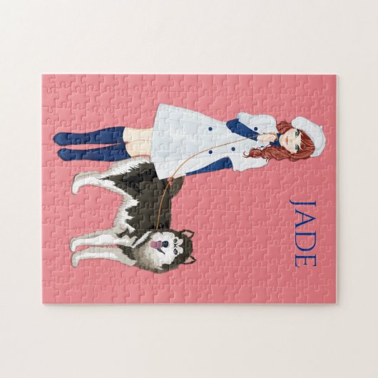 パズルと女の子歩くハスキー犬。名前をカスタムする。 ジグソーパズル (横)