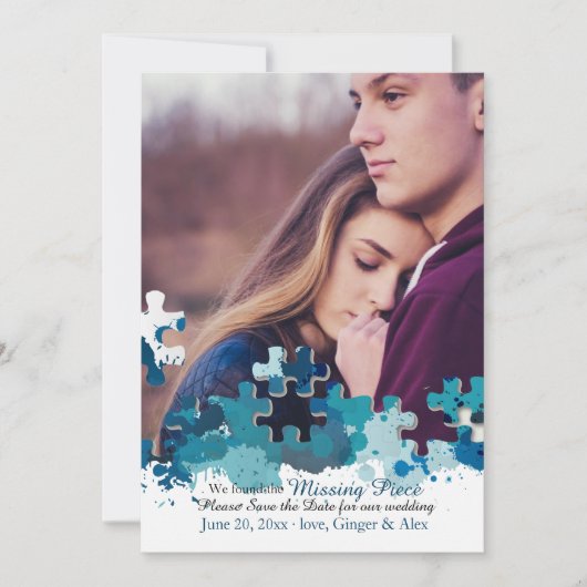 パズルのピースの写真を使った結婚式の日程お知らせカード 招待状 (正面)